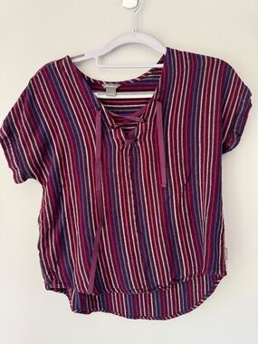 Eddie Bauer Burgundy Multicolor Lace-Up Stripe Short Sleeve Top